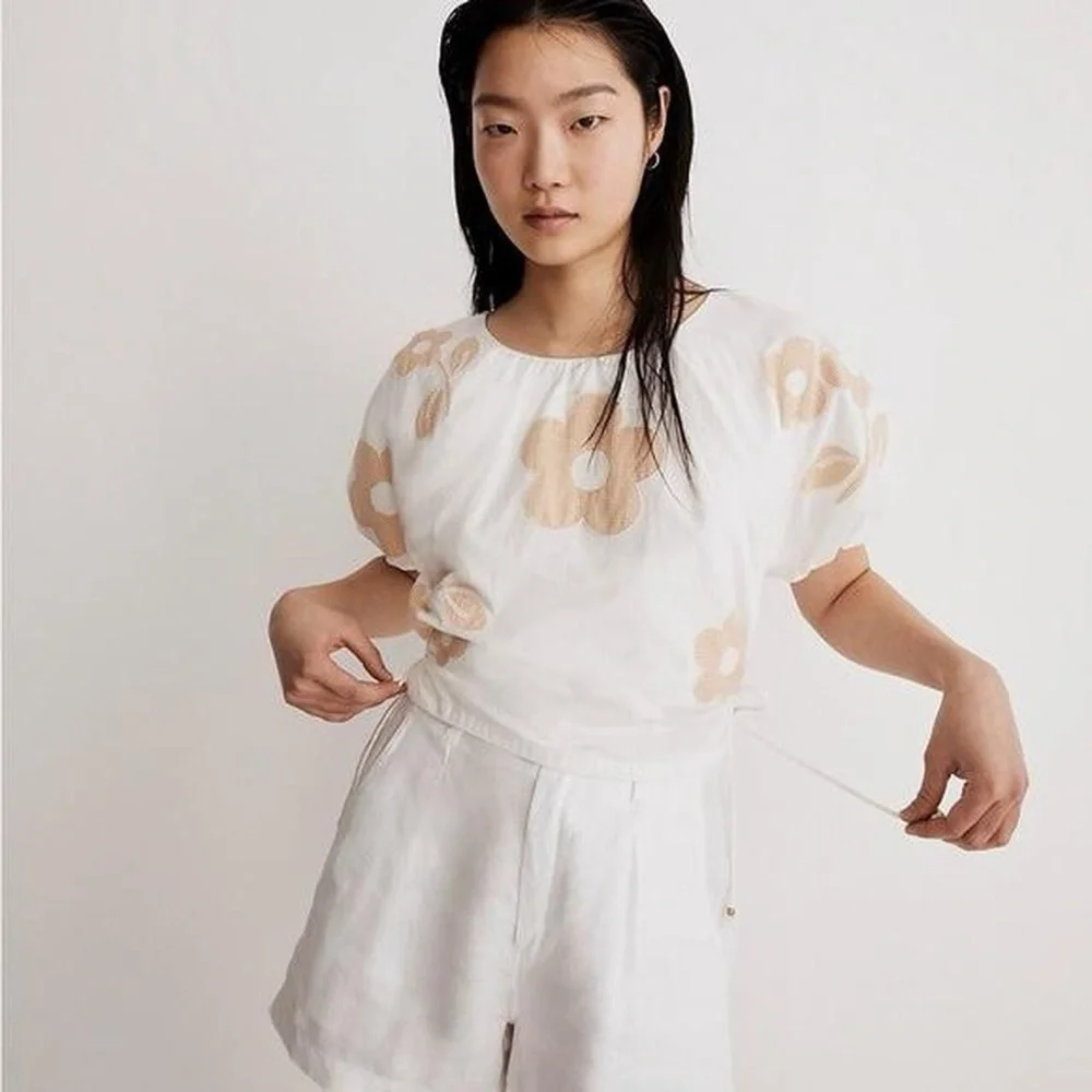 NWT Madewell Poplin Gingham Embroidered Flower Puff Sleeve Cut Out Top in White